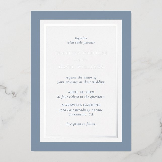 Dusty Blue Silver Foil Invitation (Front)