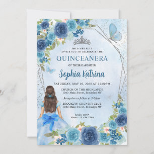 Dusty Blue Silver Glam Floral Princess Quinceañera Invitation