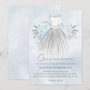 Dusty Blue Silver glitter Floral Dress Quinceañera Invitation