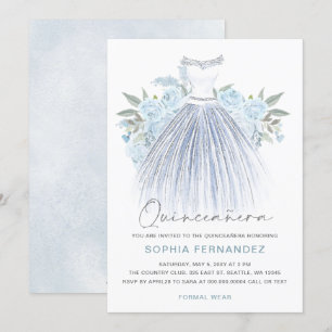 Dusty Blue Silver glitter Floral Dress Quinceañera Invitation