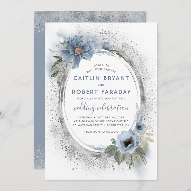 Dusty Blue & Silver Glitter Floral Rustic Wedding Invitation (Front/Back)