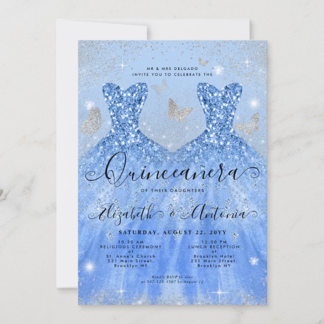 Dusty Blue Silver Glitter Gown Twin Quinceanera Invitation (Front)