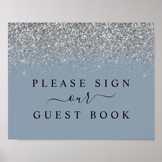 Dusty Blue & Silver Glitter Guest Book Sign (Front)