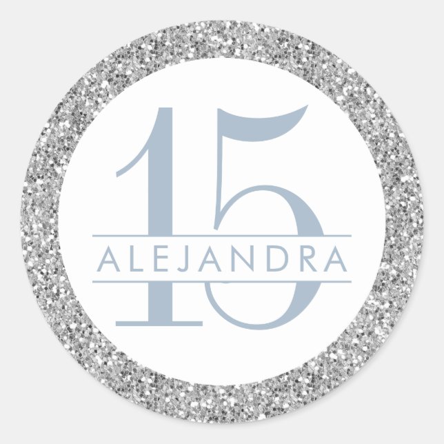 Dusty Blue Silver Glitter Quince Años Name Classic Round Sticker (Front)