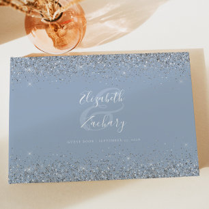 Dusty Blue Silver Glitter Script Guest Book