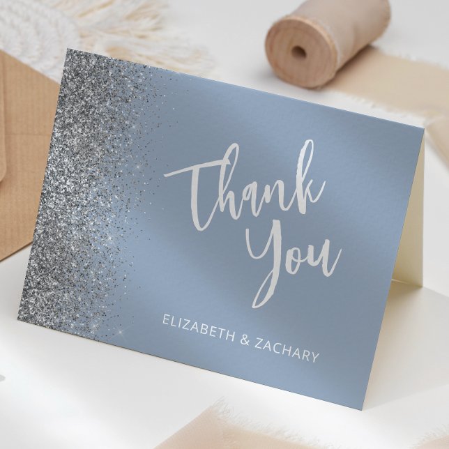 Dusty Blue Silver Glitter Script Wedding Thank You Card (Creator Uploaded)