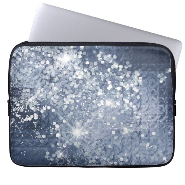 Dusty Blue Silver Glitter Sparkly Laptop Sleeve (Front)