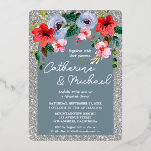 Dusty Blue Silver Glitter Watercolor Floral Arch 