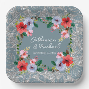 Dusty Blue Silver Glitter Watercolor Floral Paper Plate