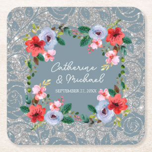 Dusty Blue Silver Glitter Watercolor Floral Square Paper Coaster