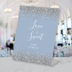 Dusty Blue Silver Glitter Wedding Love Is Sweet Pedestal Sign