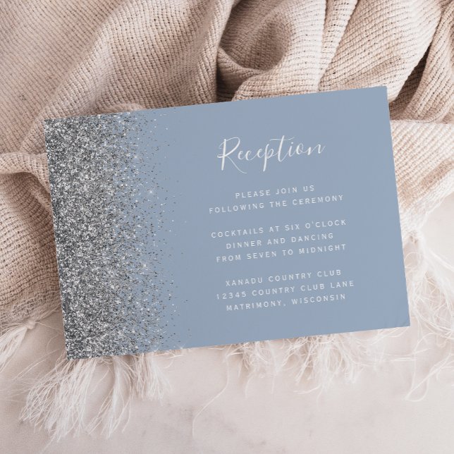 Dusty Blue Silver Glitter Wedding Reception Enclosure Card (Creator Uploaded)