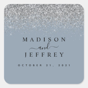 Dusty Blue & Silver Glitter Wedding Square Sticker