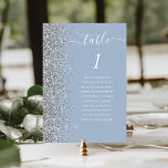 Dusty Blue Silver Glitter Wedding Table Number<br><div class="desc">The left-hand edge of this elegant modern wedding table number card features a silver faux glitter border. The word "table" appears in white whimsical handwriting script on a dusty blue background. Add the names of your guests who are assigned to each table.</div>
