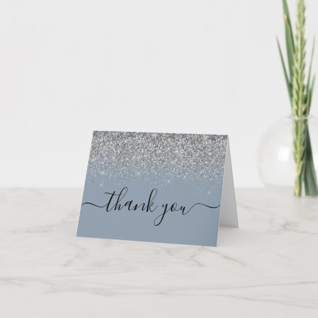 Dusty Blue & Silver Glitter Wedding Thank You Card (Front)