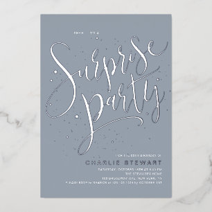 Dusty Blue Silver Modern Script Surprise Party