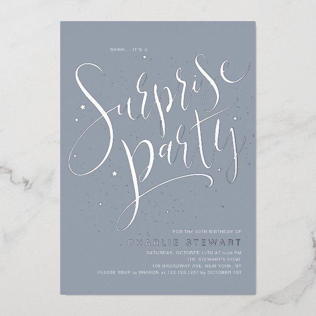 Dusty Blue Silver Modern Script Surprise Party (Front)