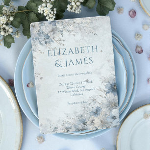 Dusty Blue Silver Rose Winter Floral Wedding Invitation