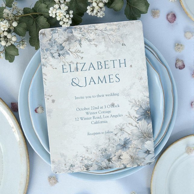 Dusty Blue Silver Rose Winter Floral Wedding Invitation (Creator Uploaded)