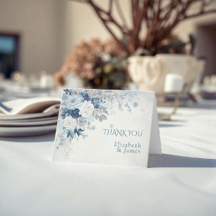 Dusty Blue Silver Rose Winter Floral Wedding Thank You Card