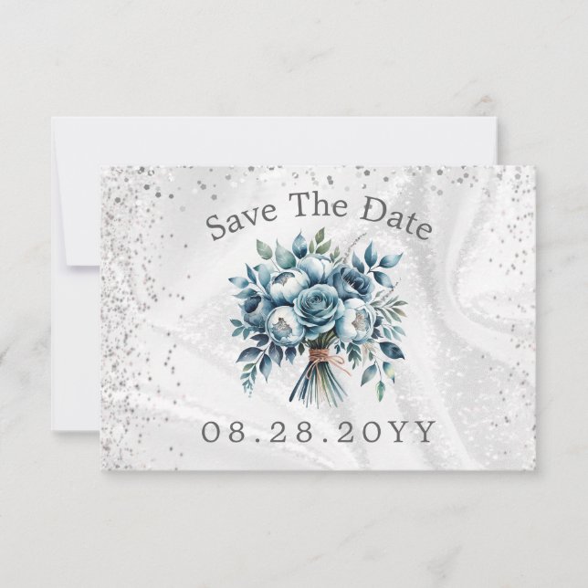 Dusty Blue Silver Roses Save The Date Card (Front)