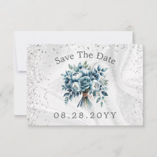 Dusty Blue Silver Roses Save The Date Card