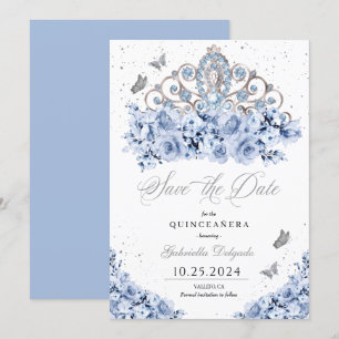 Dusty Blue Silver Tiara Save The Date Quinceañera Invitation