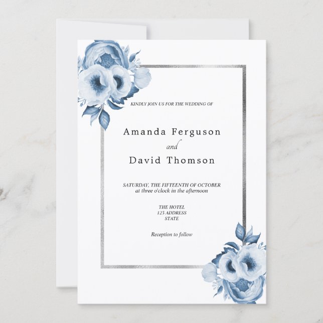 Dusty blue silver watercolored florals wedding invitation (Front)