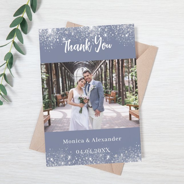 Dusty blue silver wedding photo thank you card (Creator Uploaded)