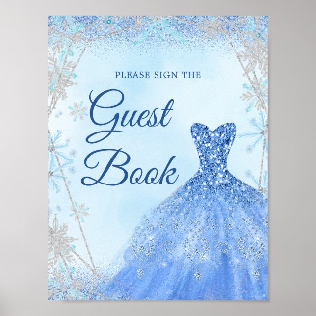 Dusty Blue Silver Winter Snowflake 15th Guest Book (Front)