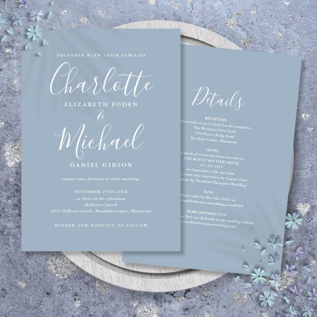 Dusty Blue Simple All In One Chic Script Wedding Invitation (Dusty Blue Simple All In One Chic Script Wedding Invitation)