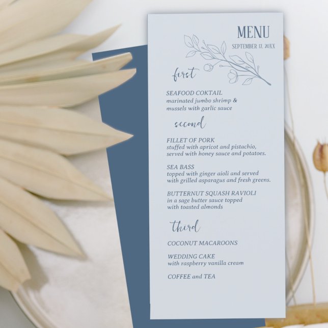 Dusty Blue Simple Boho Floral Wedding Menu (Creator Uploaded)