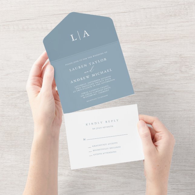 Dusty Blue Simple Elegant 1 Wedding All In One Invitation (Tearaway)
