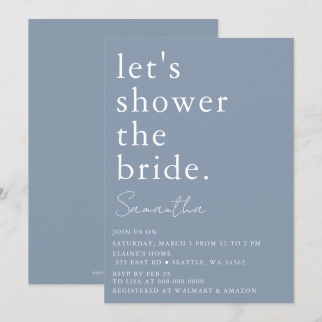 Dusty Blue Simple Elegant Modern Bridal Shower  Invitation (Front/Back)