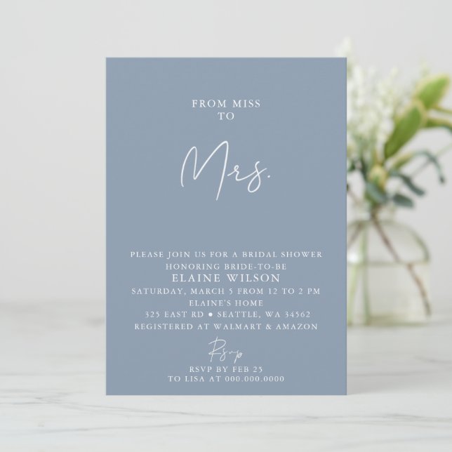 Dusty Blue Simple Elegant Modern Bridal Shower  Invitation (Standing Front)