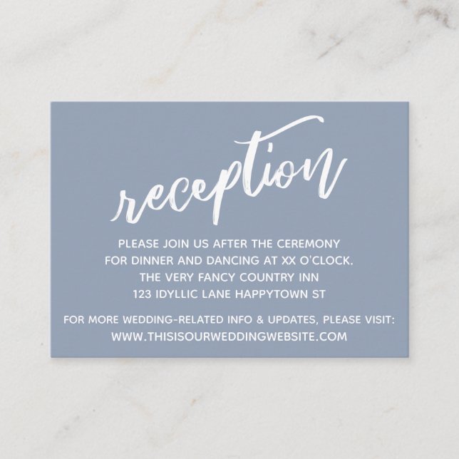 Dusty Blue Simple Handwriting Wedding Reception Enclosure Card (Front)