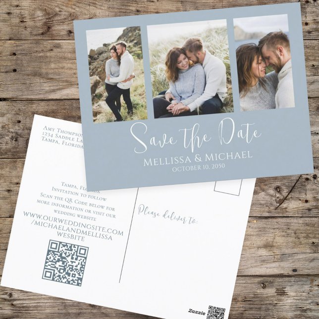 Dusty Blue Simple Minimalist Photo Collage QR Code Postcard (Creator Uploaded)