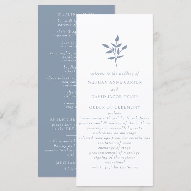 Dusty Blue Simple Modern Botanical Wedding Program (Front/Back)