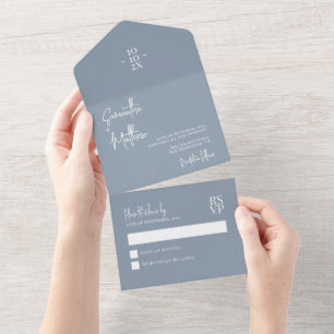 Dusty Blue Simple Modern Minimalist Wedding All In One Invitation