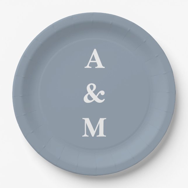 Dusty Blue Simple Monogram Initial Elegant Wedding Paper Plate (Front)