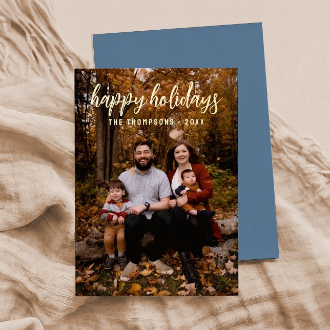 Dusty Blue Simple Photo "Happy Holidays" Script  Foil Holiday Card (Creator Uploaded)