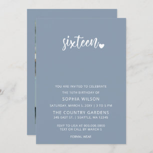 Dusty Blue Simple Script Sweet 16 Birthday Photo Invitation