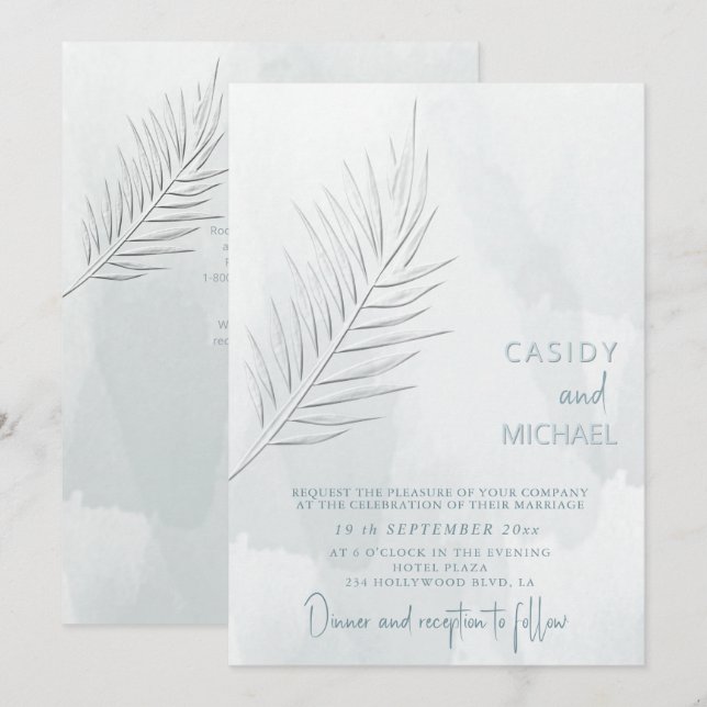 Dusty blue simple watercolor embossed look palm invitation (Front/Back)