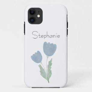Dusty Blue Simple Watercolor Floral Your Name iPhone 11 Case