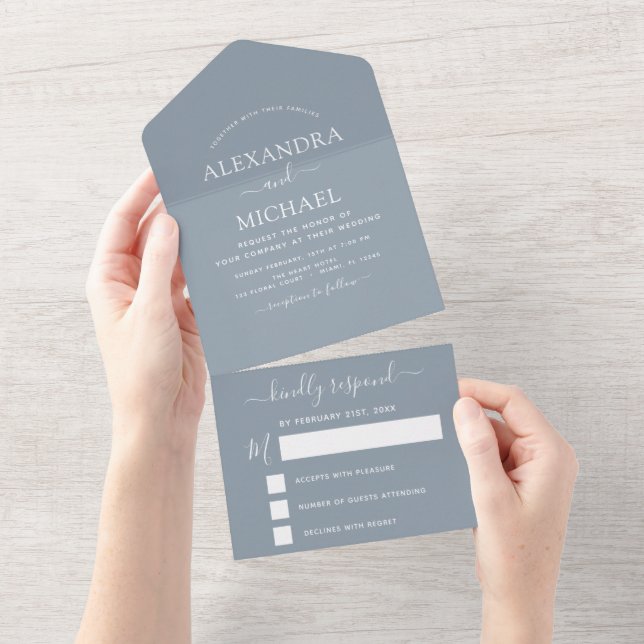 Dusty Blue Simple Wedding Modern Typography RSVP All In One Invitation (Tearaway)