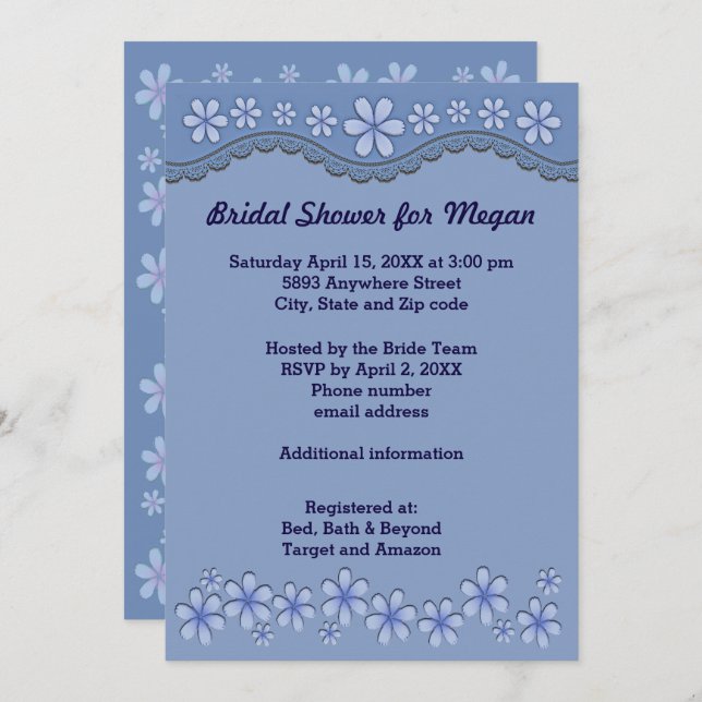 Dusty Blue Six Petal Fête des mariées Invitation (Devant / Derrière)
