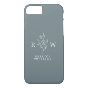 Dusty Blue Sketched Floral Wildflower Monogram Case-Mate iPhone Case