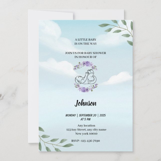 Dusty blue sky white clouds modern baby shower  invitation (Front)