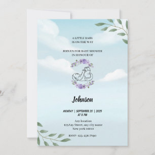 Dusty blue sky white clouds modern baby shower invitation