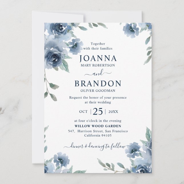 Dusty Blue Slate Floral Botanical Chic Wedding Invitation (Front)